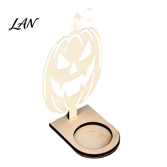 Halloween Tealight Base Wooden Candle Holder Ornaments, Decorative Cat/Pumpkin/ Ghost/Skull Projection Theme Light Stand, Creative Tabletop