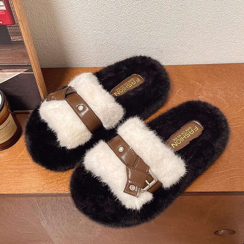 Fashion Flats Fluffy Women Slippers Fashion Buckle Autumn Comfortable Shoes Lady 2025 New Brand Classical Shoes Casual Zapatillas Mujer