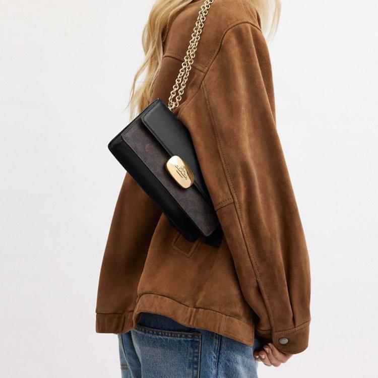 Coach Eliza 23 Chain Strap Logo Coated Canvas And Smooth Leather Crossbody Bag Medium Women crossbody bag Walnut Black CW010-IMXAQ