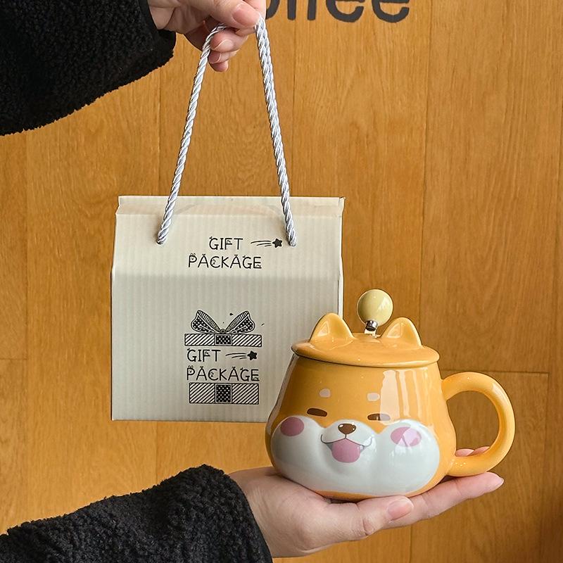 Cute Shiba Inu Coffee Mug Cartoon Animal Ceramic Milk Mug Creative Ceramic Mug with Lid and Spoon Kitchen Drinking Utensils