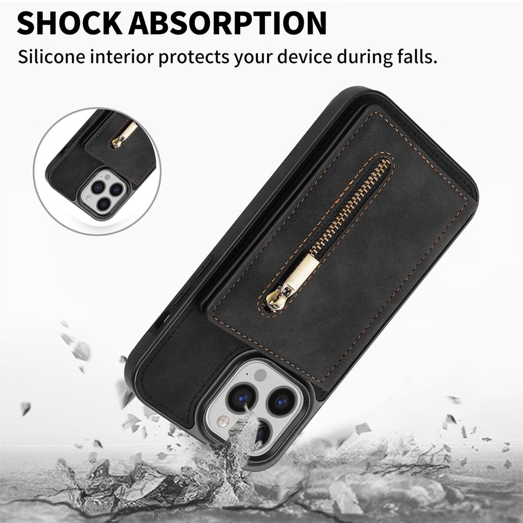 For iPhone 16 Pro Case Zipper Pocket Wallet Kickstand Phone Guard Cover