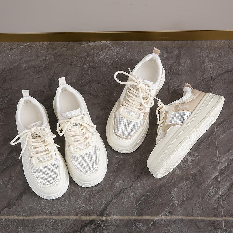 Womens Casual Sports Shoes 2026 New Spring Summer Style Thick Sole Board Shoes Breathable Artificial Flat Shoes White Sneakers