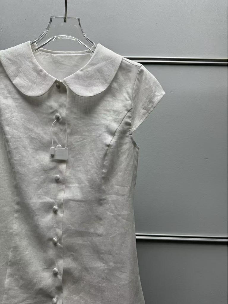 French Minimalist Linen Short-Sleeve Shirt with Elegant Doll Collar