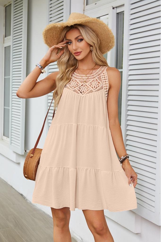 Women's Spring and Summer, Hollow Lace Splicing Neck A-word Dress