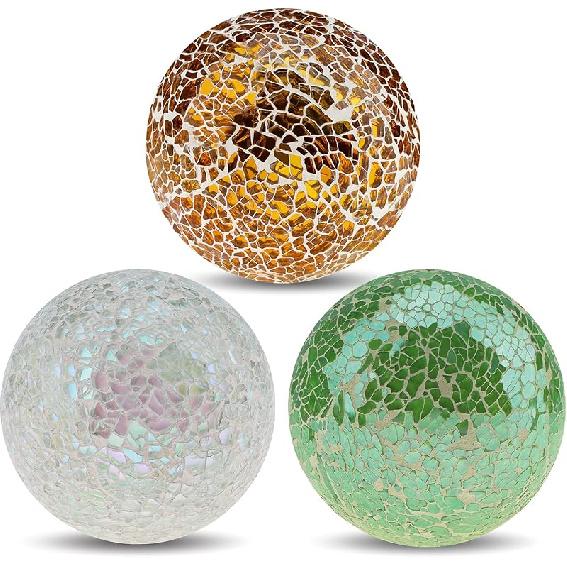 3pcs Decorative Glass Balls for Bowls 3.35inch Mosaic Glass Orbs Ball Gold Sphere Decor Globe Vases Dining Table Party Centerpiece