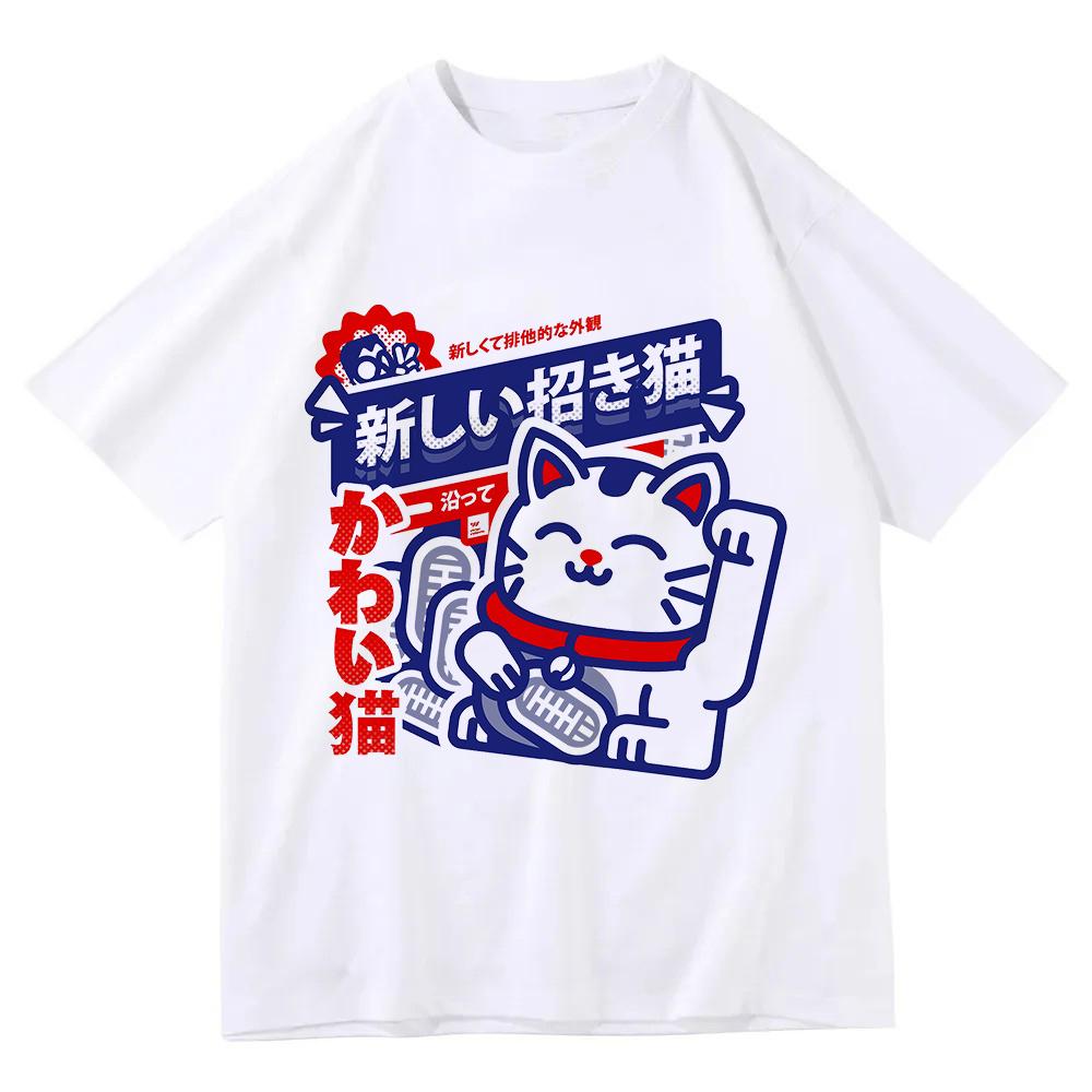 Japanese Maneki Neko Cat Print Fashion T Shirts Streetwear Versatile Short Sleeve Graphic Men Women Stylish Harajuku Unisex Tops