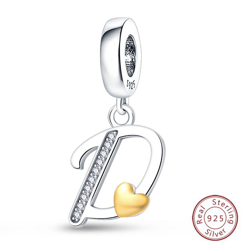 925 Silver Charm Beads Classic Gold Heart-Shaped 26 Letters Pendant For Bracelet DIY Charm Birthday Jewelry
