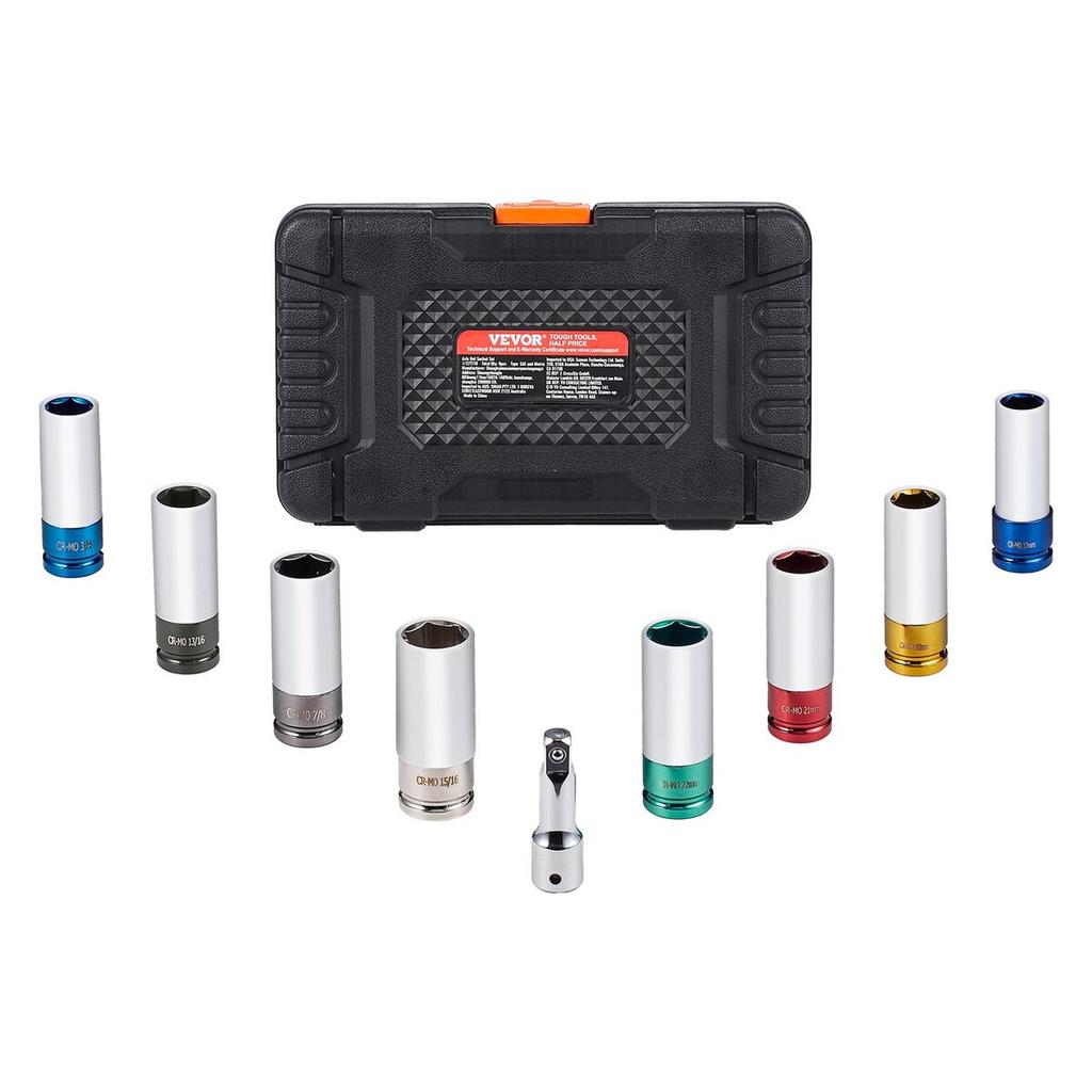 Lug Nut Impact Socket Set 1/2 in Drive Metric and SAE 6-Point Deep Socket