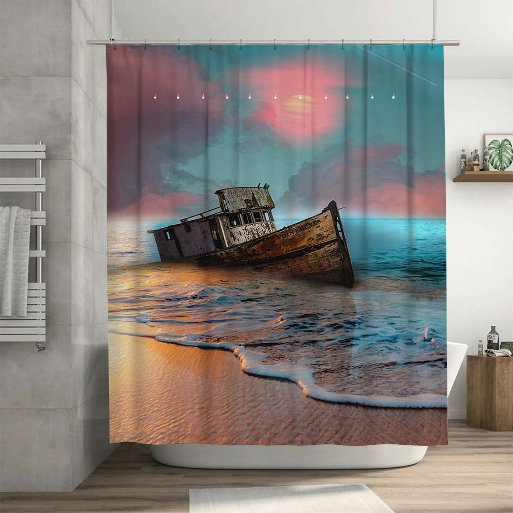 Boat Bath Mat Set Modern Waterproof Shower Curtain With Sunset Sky Scene For Bathroom Decoration. (59 Characters)