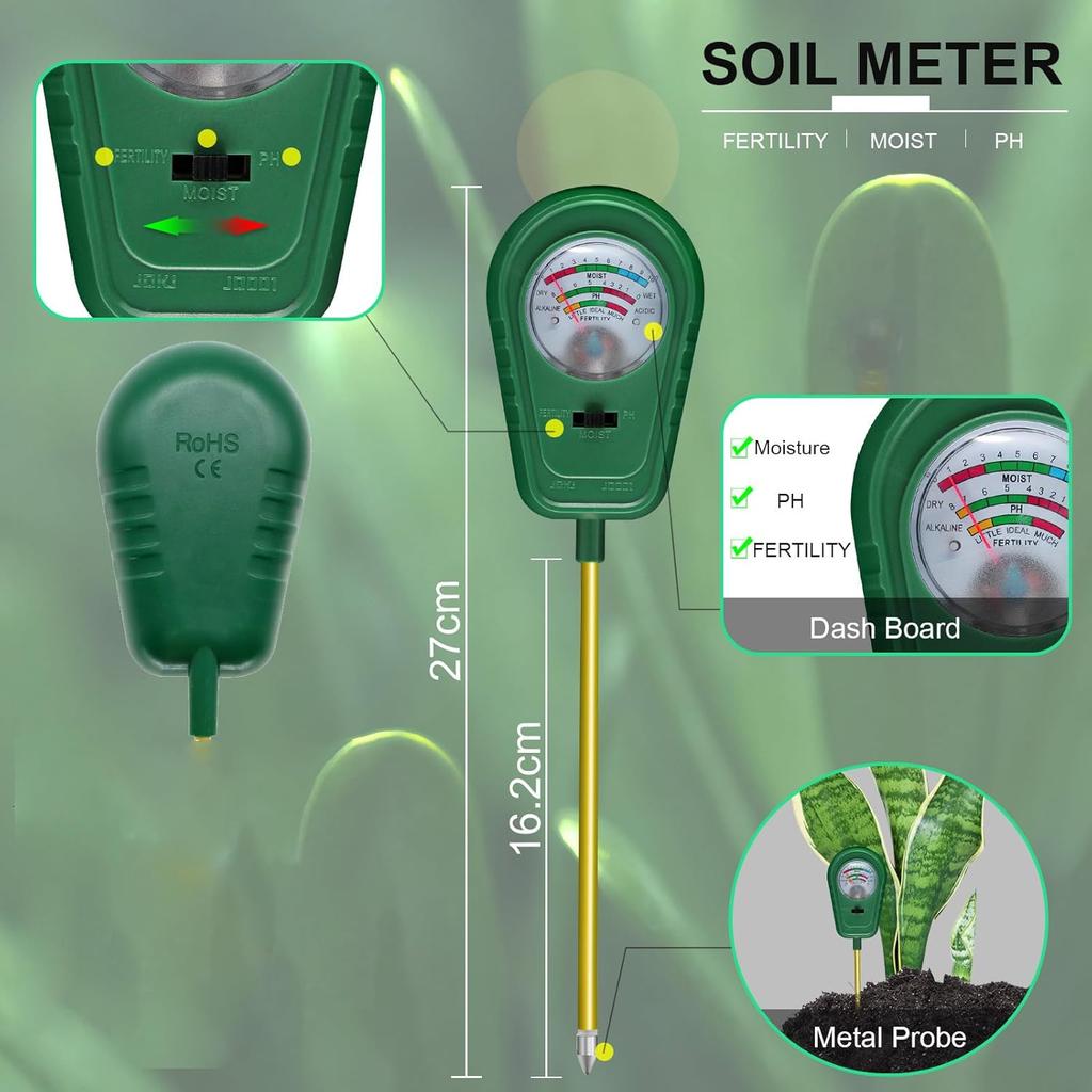 3-in-1 Soil Test Kit, Soil Moisture Meter/Soil ph Meter/Fertility Soil Tester, Soil Hygrometer for Garden, Farm, Plant, Outdoor, Indoor, Lawn Care Moi