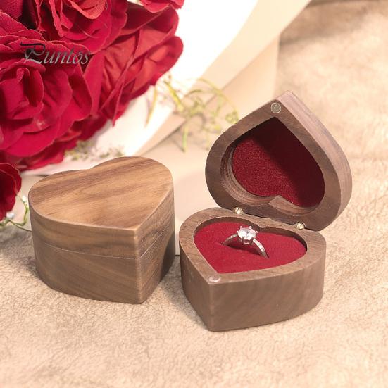 Ring Storage Box Jewelry Heart-Shaped Walnut Wood with Engagement Velvet Padding Smooth Polished Surface Weddings Proposals Case Multi-purpose