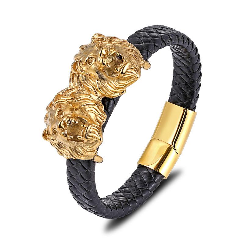 Men'S Jewelry, Gold Steel Color, Titanium Steel, Stainless Steel, Black Leather Rope Bracelet, Magnet Buckle Personality
