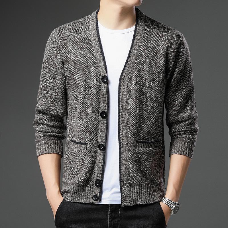 Men's Autumn/Winter Plus Velvet V-Neck Long Sleeve Cardigan Sweater