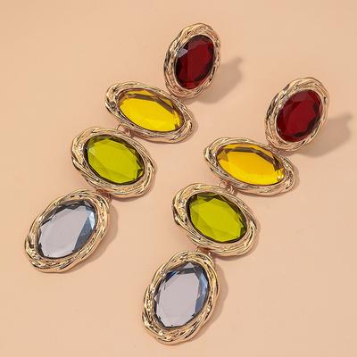 Color Diamond-encrusted Long Oval Pendant Earrings for Women, Retro Personality Exaggerated High-end Earrings Gift