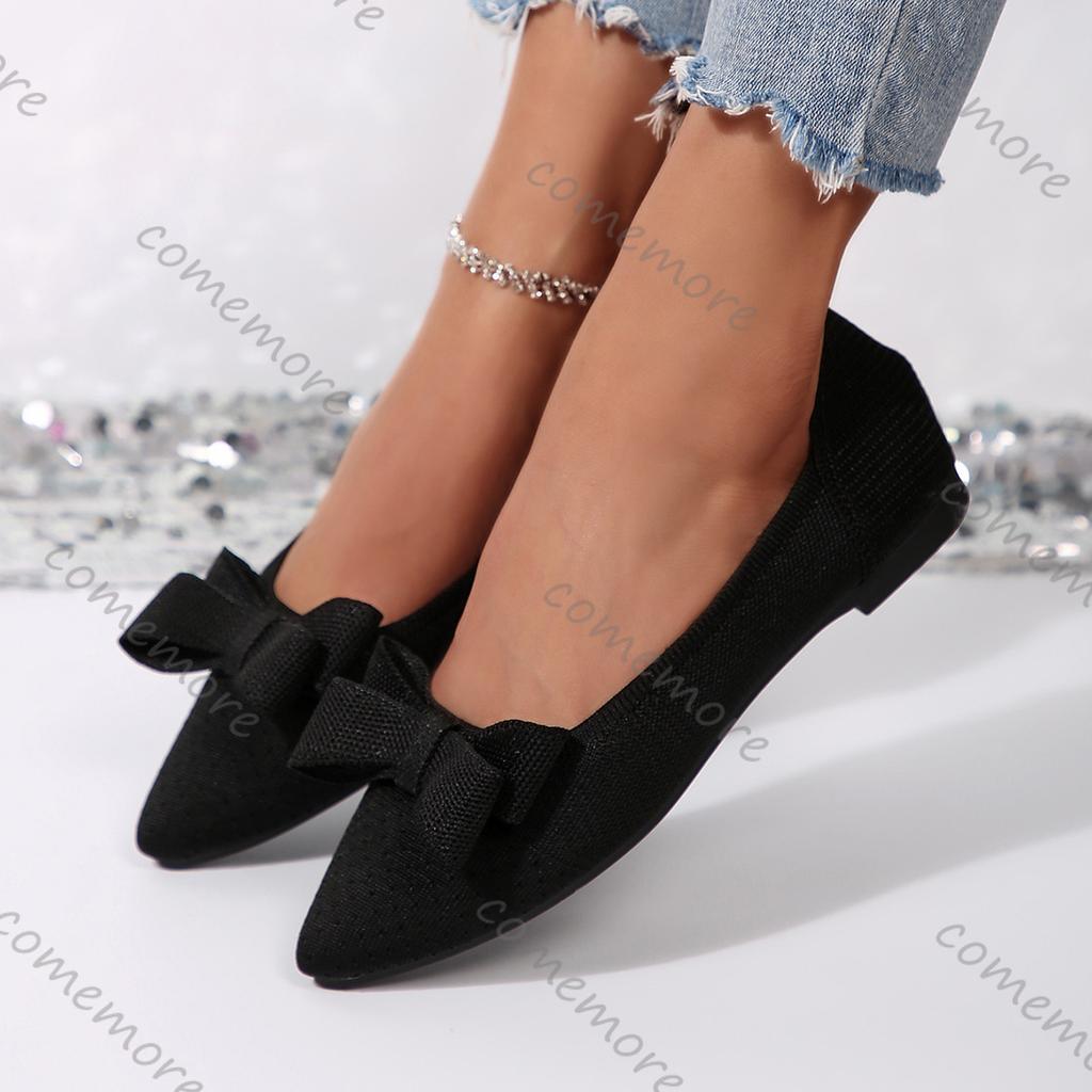 Fashion Comemore Bowknot Elastic Knit Flat Shoes for Women Slip on Casual Woman Spring Summer Flats Comfort Soft Sole Solid Loafers