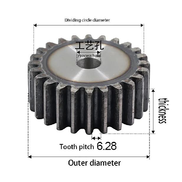1Pcs M2 45# Steel Cylindrical Spur Gear 10T-25T Tooth Quench Hardened Anti-Wear Pinion 8/10mm Bore Process Hole Pitch 6.28mm