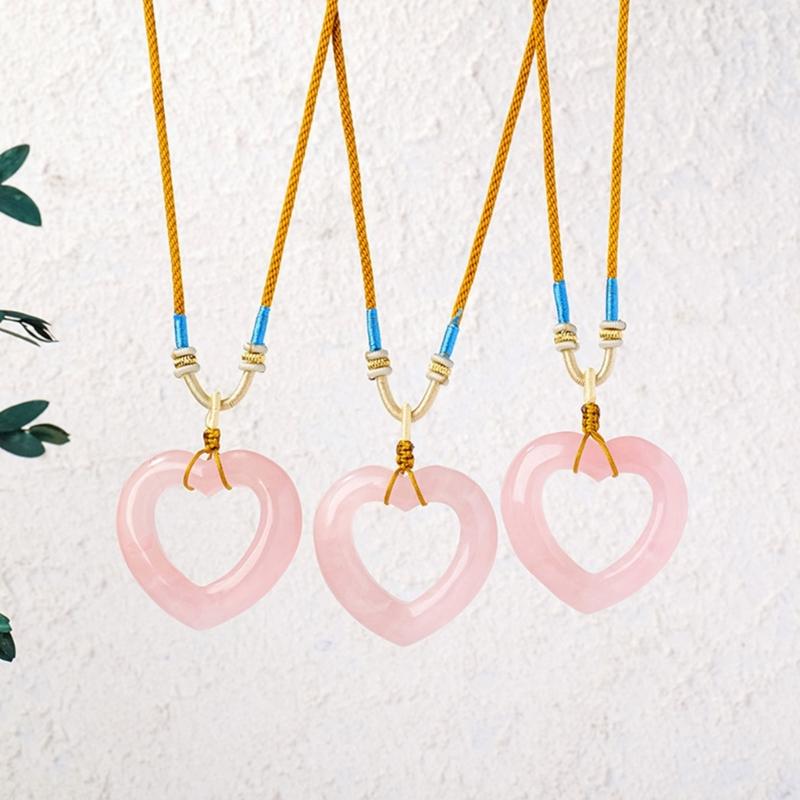Natural Rose Crystal Openwork Heart Charm Necklace Bohemian Braided Rope Chain Dainty Feminine Gift For Her