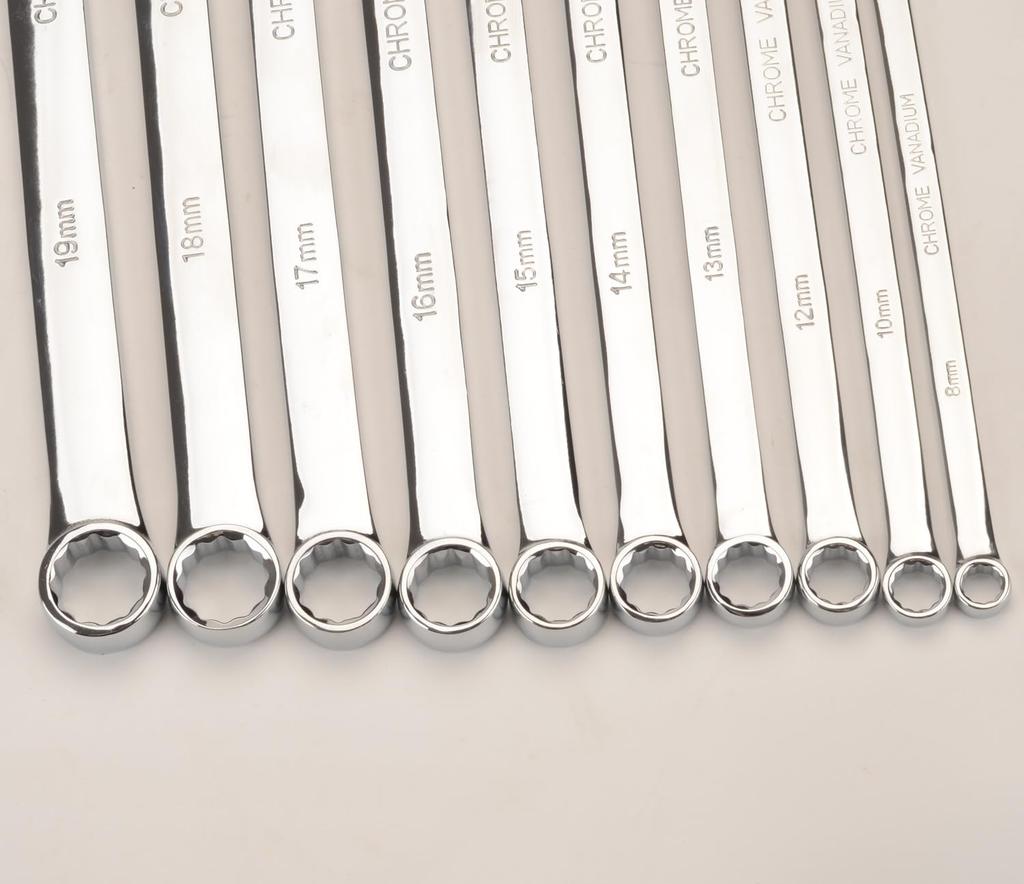 FLZOSPER Box Wrench Set, Ratchet Wrench, Extra Long Straight, 90 Gears, Mirror Finish, 8-19mm, 14-Piece Set, with Storage Case
