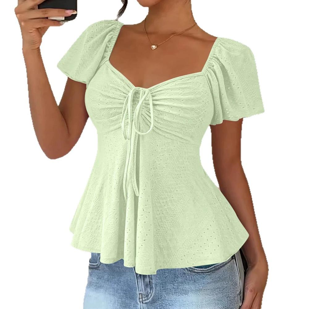 T-shirt da Donna Estiva a Maniche Corte, Scollo a V con Coulisse e Effetto Arricciato, Top Blusa Sexy Casual alla Moda per Tutti i Giorni