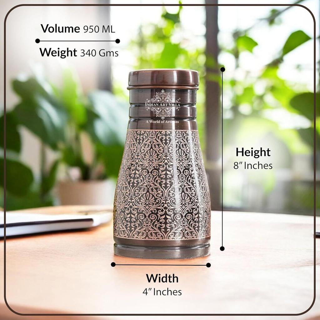 Pure Copper Bedroom Water Bottle with Inbuilt Glass, Dark Embossed Design, Bedside Carafe, Ayurvedic Health Benefits, 950 ML (Pack of 1)