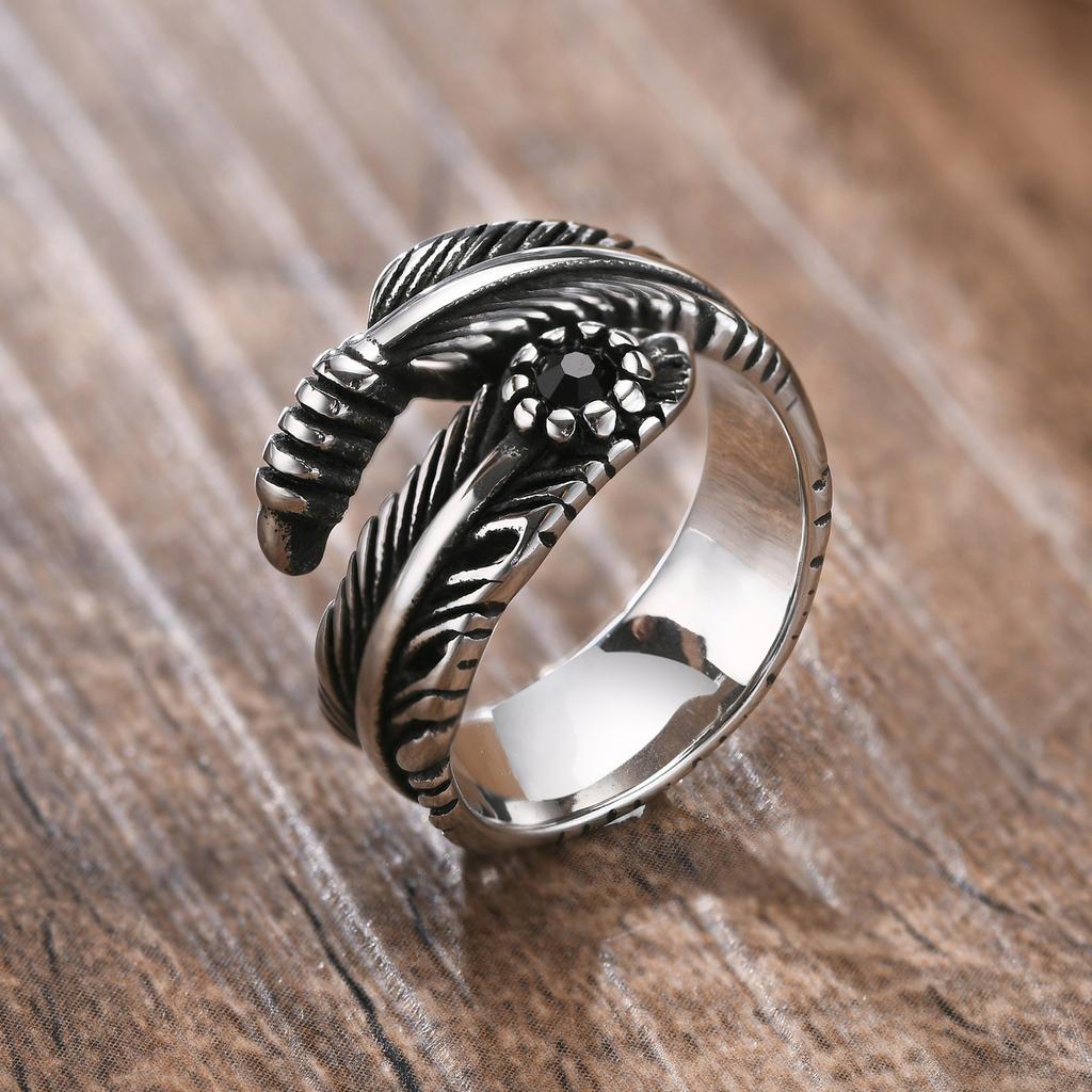 Vnox Vintage Feather Ring Men Jewelry Stainless Steel Biker Style Hand Polishing US Size 7 8 9 10 11 12