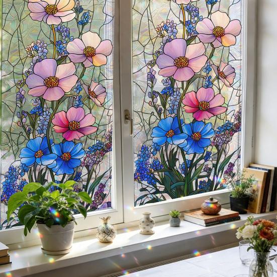 Rainbow Window Privacy Film, Decorative Static Cling Stickers, Heat Control & UV Blocking Glass Cling, Waterproof 100x45cm Static Glass Sticker for
