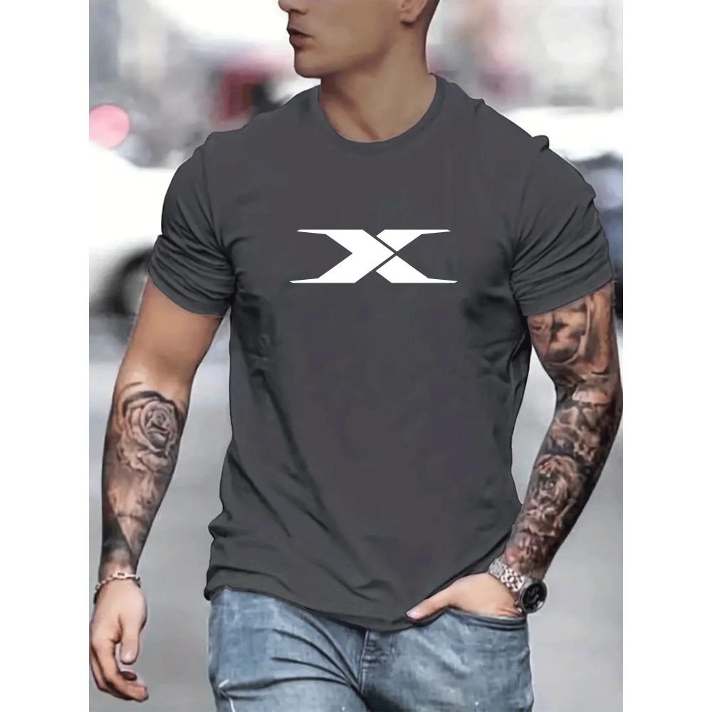 Summer men's 100% cotton casual loose fit large X letter print round neck short sleeved T-shirt top High Street Unisex style