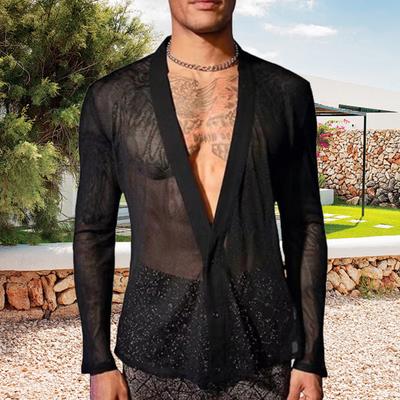 Men Club Shirt Ultra Thin See-through Mesh V Neck Button-down Long Sleeves Muscular Men Top Party Performance Top