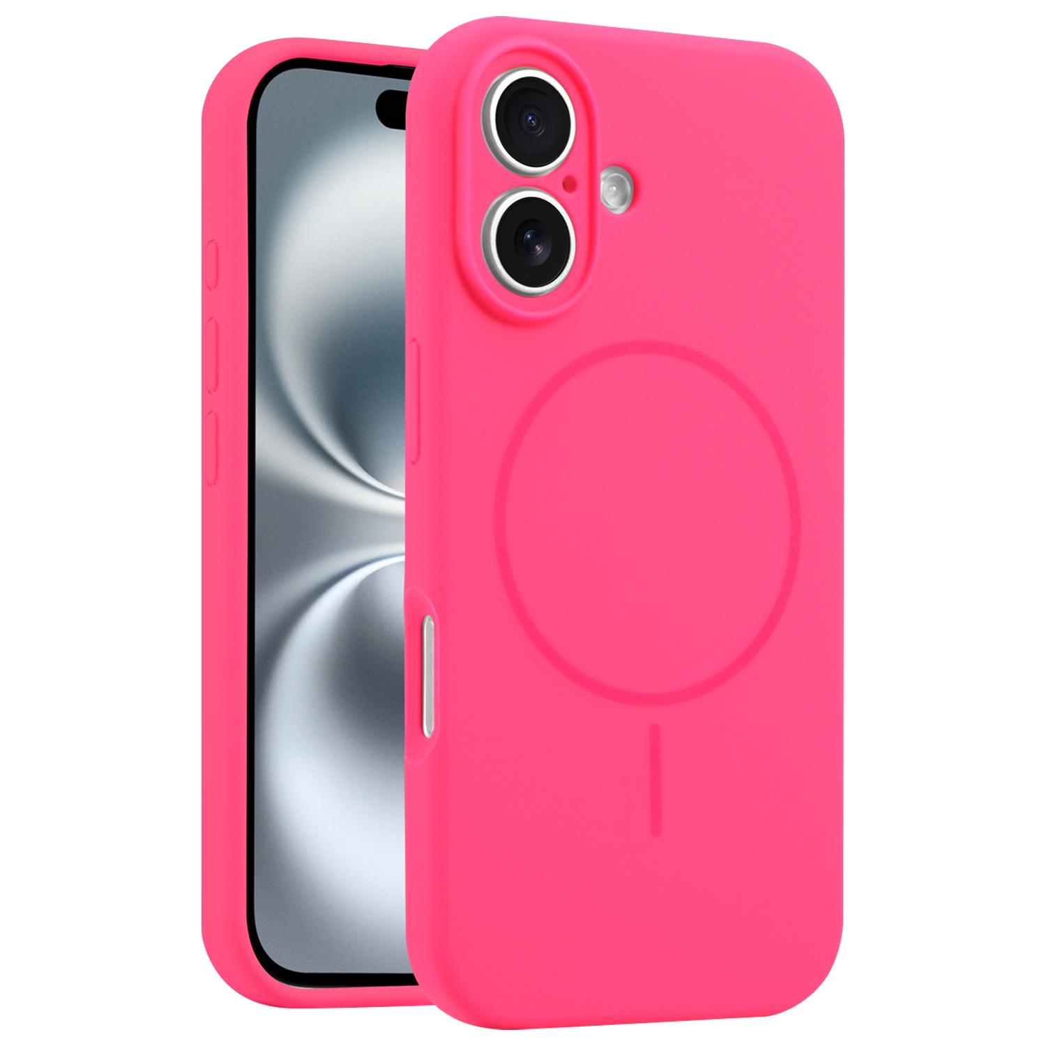 

For iPhone 16 Case Compatible with MagSafe Silicone Shock Absorbing Phone Cover Fluorescent Rose