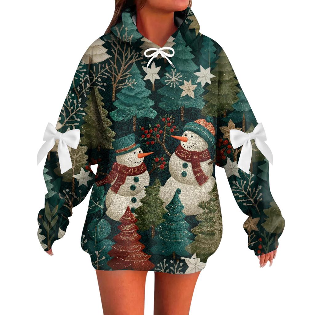 Ladies' Christmas Printed Bow Long Sleeved Loose Fitting Headband With Rope Hooded Sweatshirt Top