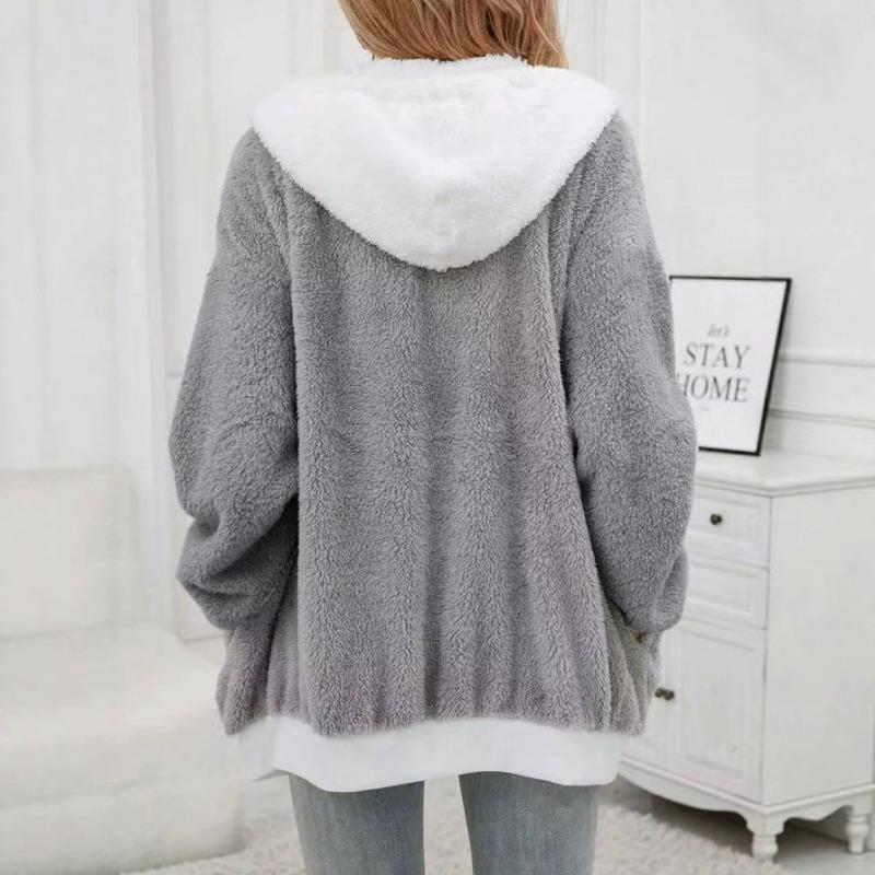 Women S Loose Plush Zip Up Hooded Coat For Autumn Winter