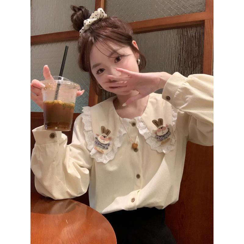 Sweet Age-reducing Cute Rabbit Doll Collar Long-sleeved Shirt Women s Autumn Loose Cardigan Top S
