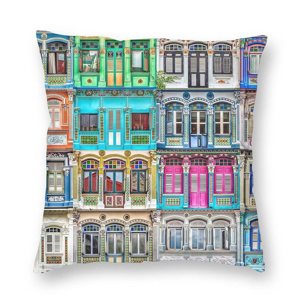 Singapore Heritage Shophouses Square Pillowcase Polyester Linen Velvet Printed Zip Decorative Bed Cushion Cover x
