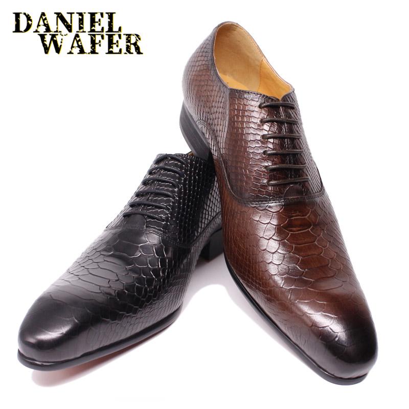 Fashion Luxury Men Leather Shoes Snake Skin Print Business Dress Formal Classic Style Burgundy Blue Pointed Toe Lace Up Oxford Shoes Men