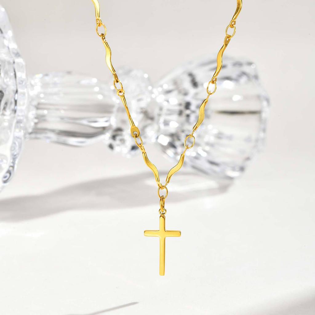 Vnox Compact Cross Pendant Necklace For Women, Stainless Steel Gold Color Religion Charm Choker Jewelry Lucky Gift