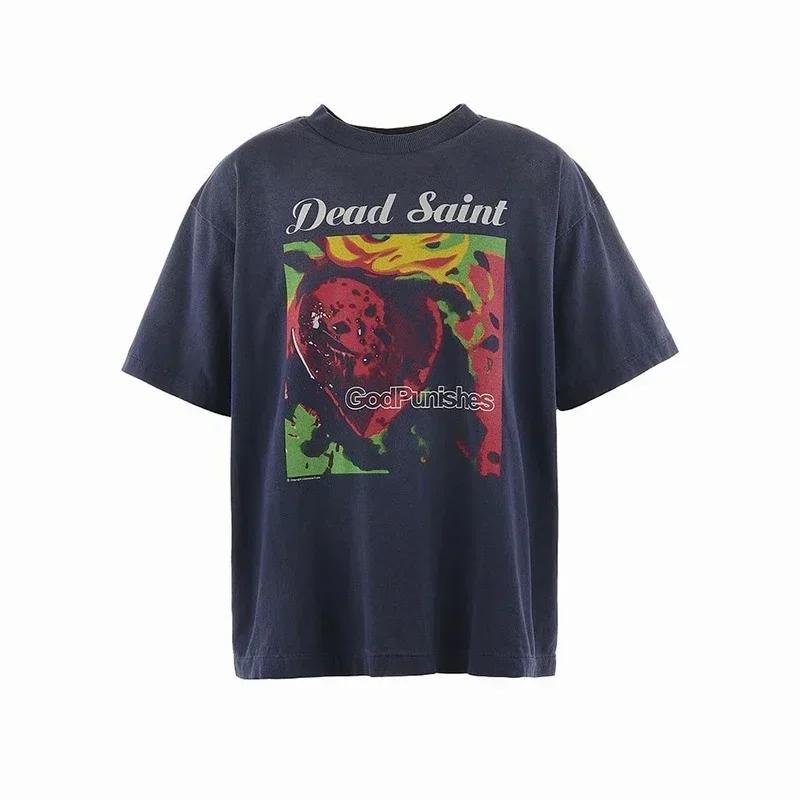 2025 Summer High Quality Cotton Classic Logo Graphics Print Saint Tshirt Unisex Unisex Vintage Washed Black T Shirt Loose Tee