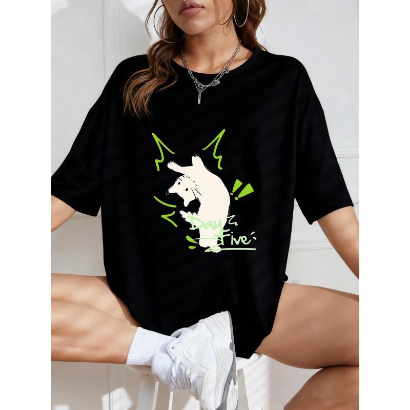 Weißes Oversized T-Shirt mit grünem Katze- und Day Five-Aufdruck für Freizeitkleidung
