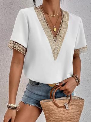 Women's Fashion Casual Summer Spring Solid Color Print Lace Short Sleeve V-Neck Blouses & Shirts