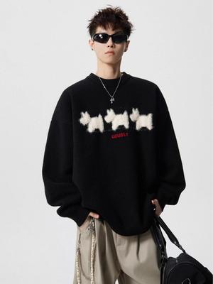 Men's Autumn/Winter Flocked Cartoon Sweater - Casual Round Neck Knit Pullover