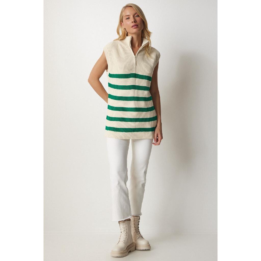 Women's Cream Black Zippered Collar Striped Sweater Mx00123