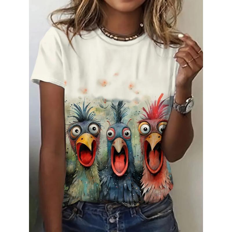 Summer Round Neck 3D Funny Cartoon Animal Print Top Fashionable Casual Short Sleeved Women's T-shirts