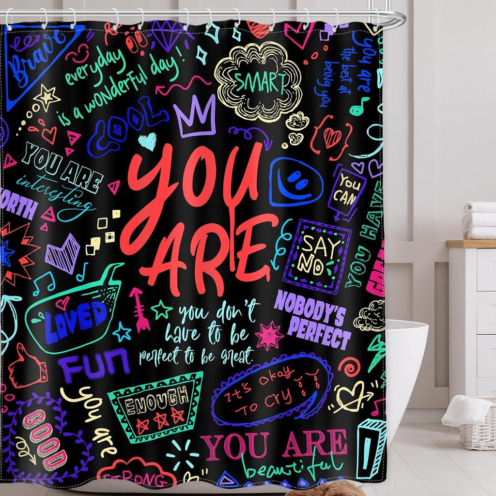Neon Inspirational Quotes Shower Curtain, Colorful Funny Abstract Art for Kids Teens, Waterproof Bathroom Decor