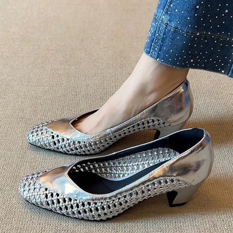 Fashion Retro Hollow Woven Low Heel Pumps Women Elegant Square Toe Thick Bottom High Heels Concise Comfortable Commuting Office Shoes