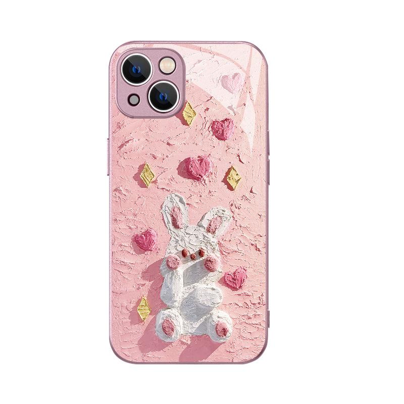 Three-dimensional Bunny iPhone16 Pink Glass Case Apple 17promax Fine Hole All-inclusive Mobile Phone Case