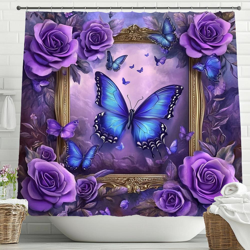 Beautiful Purple Flower Butterfly Style Shower Curtain, Bathroom Decorative Shower Curtain, Waterproof Shower Curtain With Hooks W60H190(CM)-1 Pcs