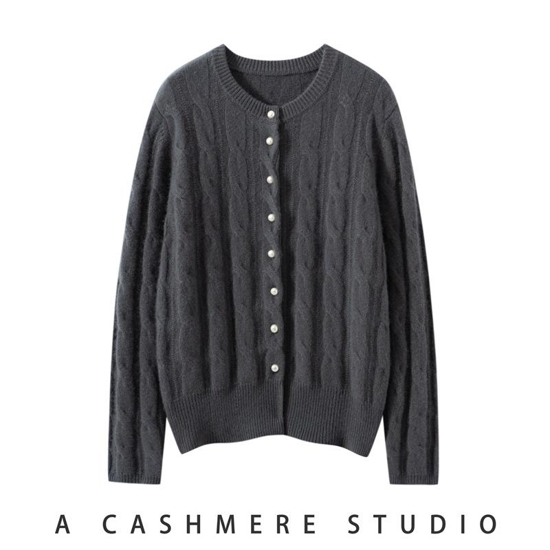 2025 Fall/Winter Women's Cashmere Pearl Button Cable Knit Cardigan - Round Neck, Solid Color, Loose Fit Sweater Coat
