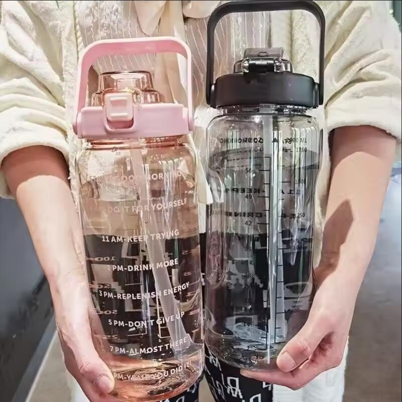 2 Liters Straw Plastic Water Bottle Large Portable Travel Bottle Sports Fitness Cup High Value Big Fat Cup Adult Universal