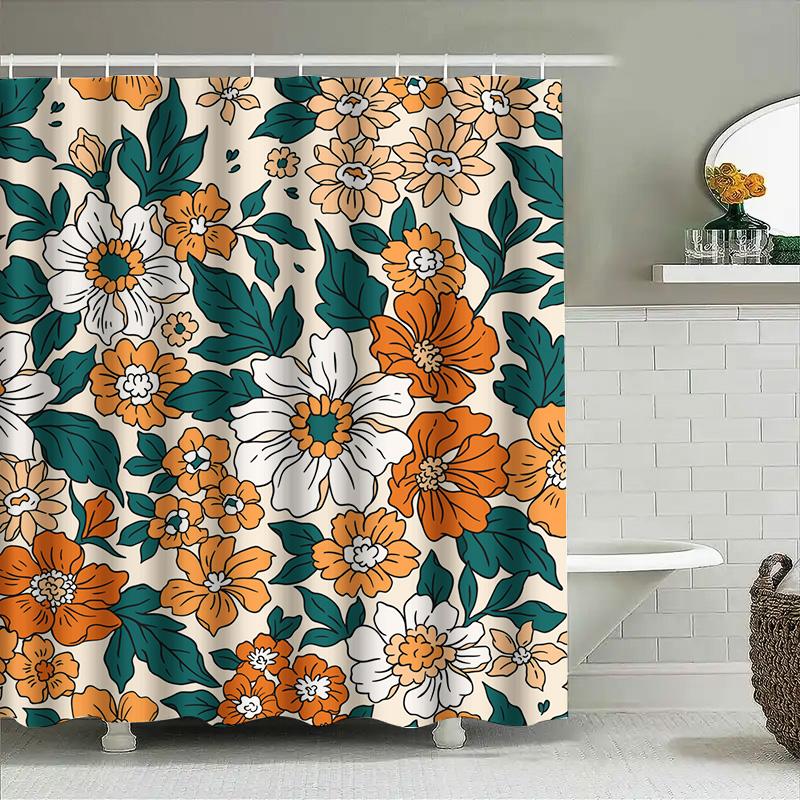 Luxury Floral Shower Curtain Set Waterproof Bath Decor With Orange White Flowers Print Modern Home Decor For Bathroom Available