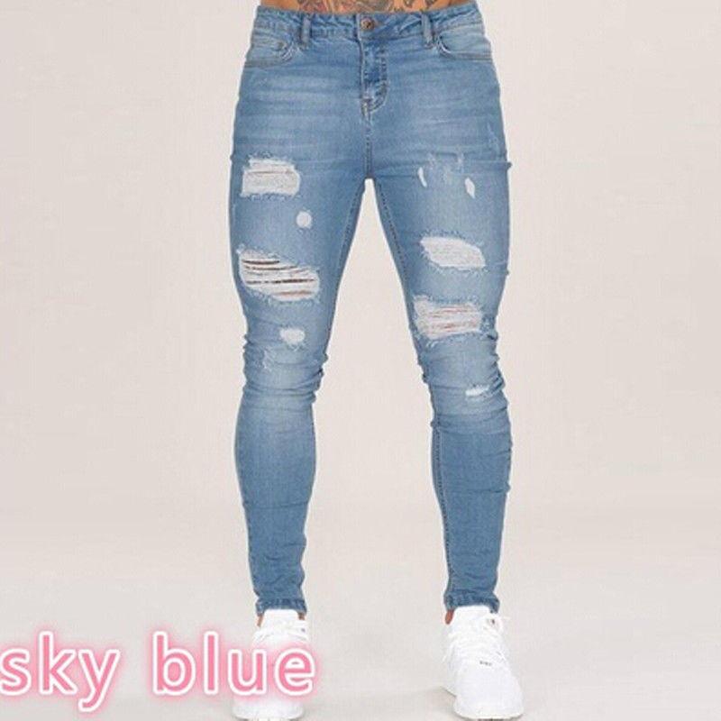 Men's Fashion Denim Hole Trouser Distressed Jeans Long Pencil Pants