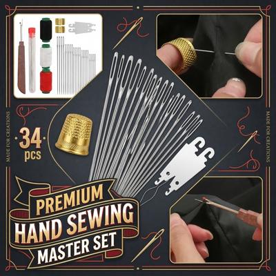 34 PCS Big Eye Steel Sewing Needles Kit, Steels Needle For Hand Sewing With Thimble, Threader, Thread Rippers For Beginner And Clothing